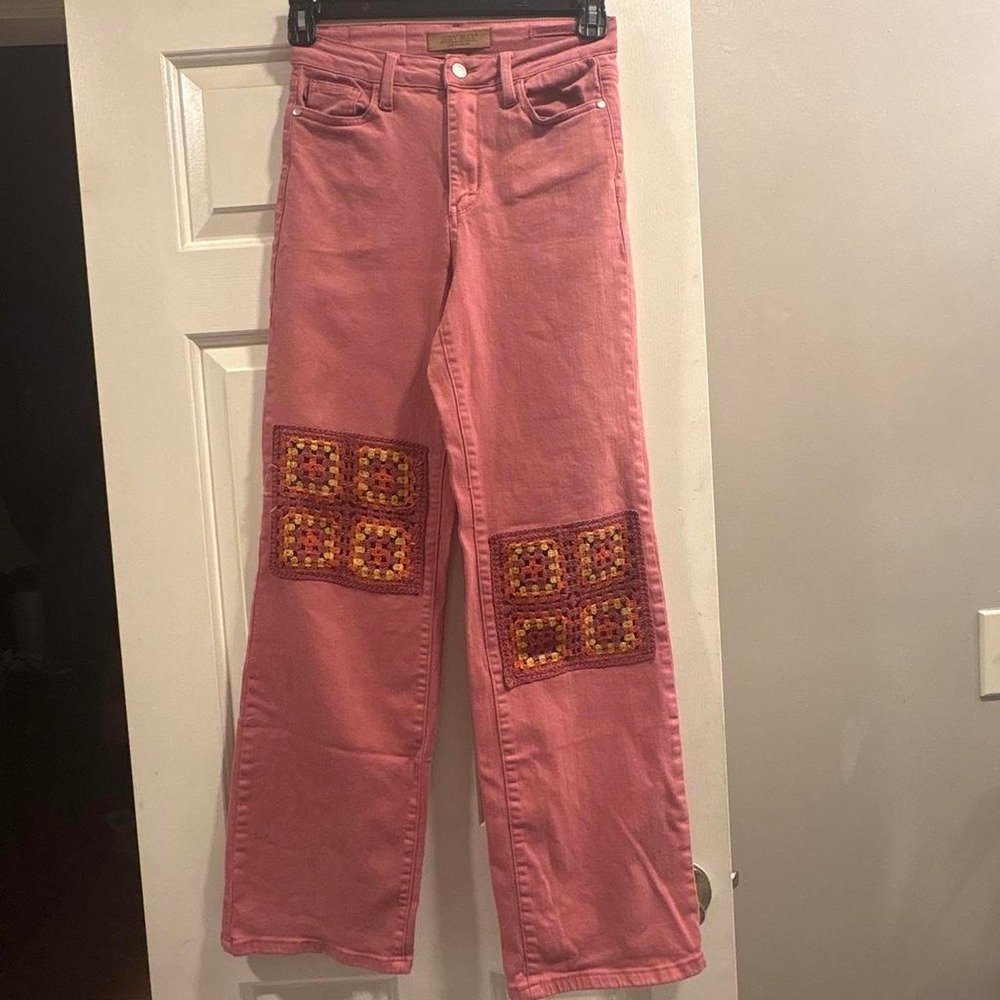 Judy Blue Los Angeles Pink Wide-Leg Jeans Denim Crochet Patch Women Size 5/27